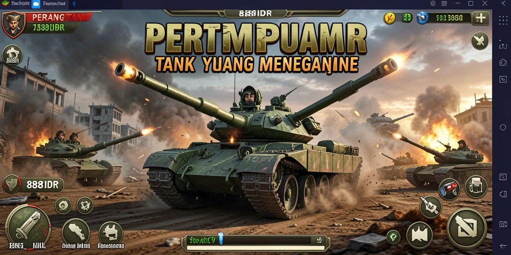 Antarmuka utama game 888IDR dengan tank berperang di medan pertempuran.