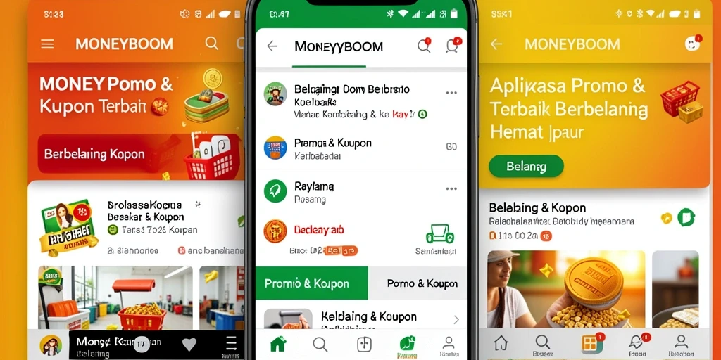 Antarmuka MONEYBOOM yang menarik dan mudah digunakan untuk promo dan kupon.